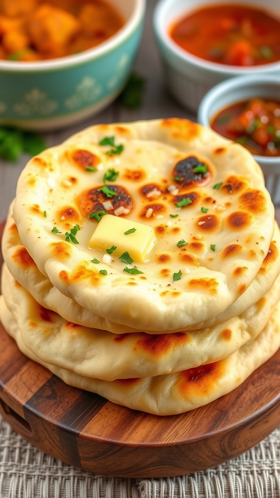 Stack of fluffy garlic naan bread, brushed with butter and topped with garlic and cilantro, beside a bowl of curry.